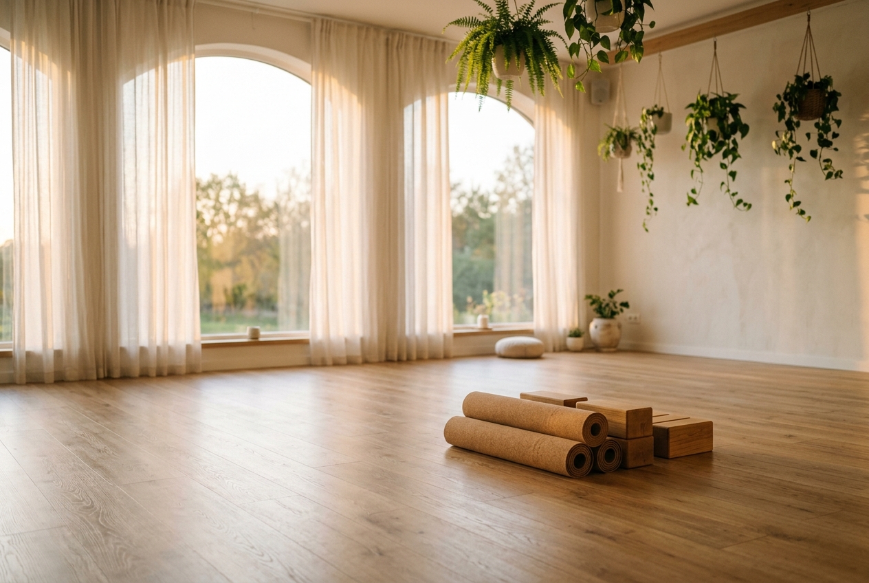 Serene modern yoga studio interior with morning light